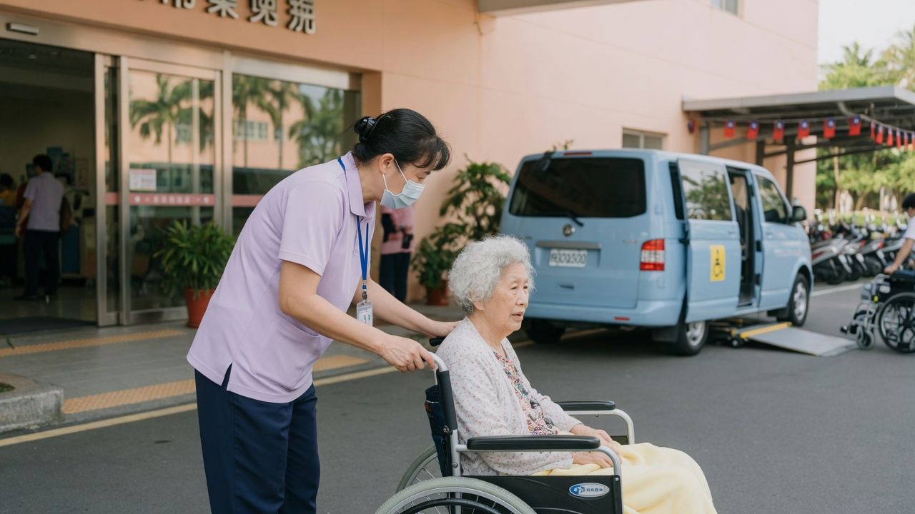 就醫與接送銜接情境示意：醫院出入口的無障礙轉送